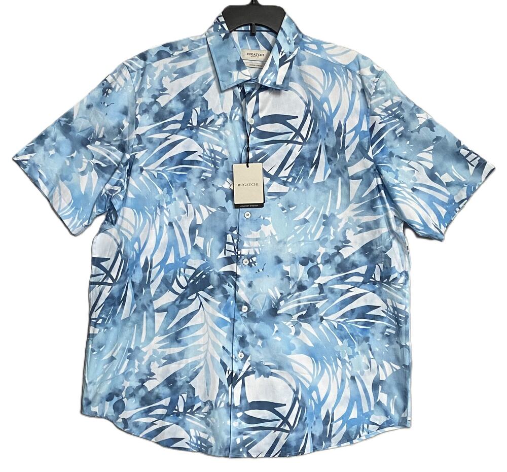 Bugatchi Shirt Men's Large Classic Fit Button-Up Short Sleeve Blue Floral NEW
